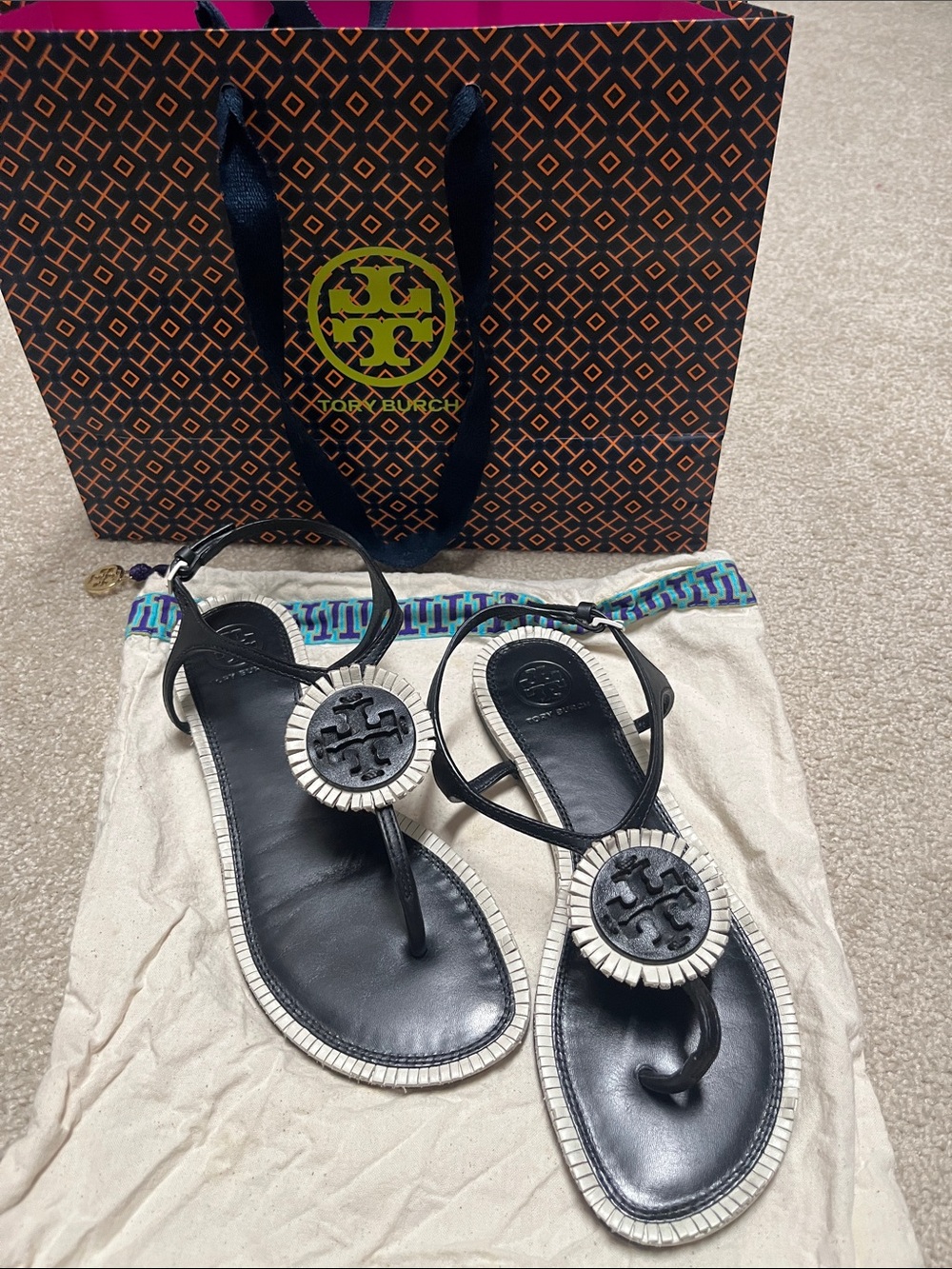 Tory Burch Black Leather Logo Thong Sandals with White Trim